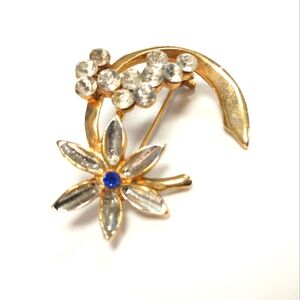 Vintage Crystal Blue Rhinestone Silver & Gold Crescent Flower Brooch Evening Pin